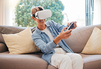 Image showing 3d, virtual reality and play digital game online with controller and in a futuristic metaverse on sofa in her home. Vr headset, cyberspace and senior woman video gaming and streaming with tech