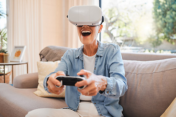 Image showing VR, metaverse and 3d gaming with a woman playing a video game on a sofa in the living room of her home. Virtual reality, esports and technology with a female gamer enjoying an online experience
