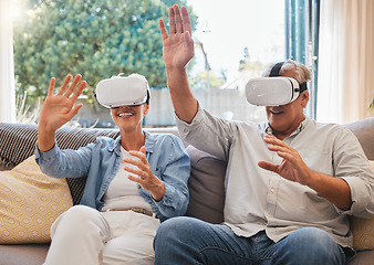 Image showing Couple, VR and retirement on sofa, gaming, web and laugh in home living room. Elderly man, woman and glasses for virtual reality do esports for fun in house with tech, smile and futuristic 3D games