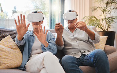 Image showing Senior couple and vr technology for metaverse retirement fun and futuristic simulation in home. Married people enjoy 3d virtual reality glasses experience for leisure entertainment on sofa.