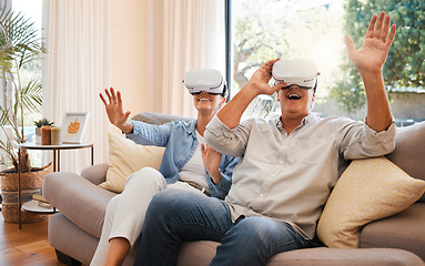 Image showing Virtual Reality, excited and senior couple with vr 3d goggles have fun, crazy and play digital game. Metaverse experience, esports simulation and elderly retirement man and woman with futuristic tech