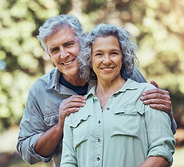 Image showing Senior couple, happy and smile in nature with a love and marriage mindset outdoor. Portrait of a elderly man and woman together with happiness from retirement with quality time and proud freedom