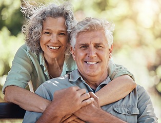 Image showing Love, hug and senior couple bond in house garden, nature park or home backyard in trust, security or future support. Happy smile portrait, retirement elderly man or Australian woman in life insurance