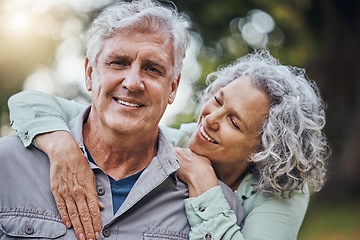 Image showing Senior hug, couple and marriage love in nature with a happy smile of people. Happiness of a elderly woman and man portrait together enjoying retirement, romance and quality time smiling outdoor