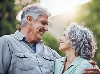 Image showing Smile, nature park and senior couple on holiday in Indonesia for happy retirement together in summer. Love, hug and happiness for elderly man and woman on vacation walking in a green garden