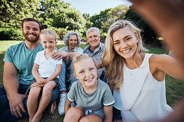 Image showing Family selfie, park portrait and woman with smile on holiday in nature in Canada during summer. Parents, girl kids and grandparents taking photo on vacation in a green garden for picnic in spring