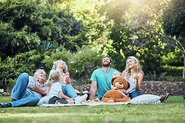 Image showing Happy, nature and big family on an outdoor picnic together in a green garden blowing bubbles. Happiness, elderly grandparents and parents relaxing, bonding and playing with children in a outside park