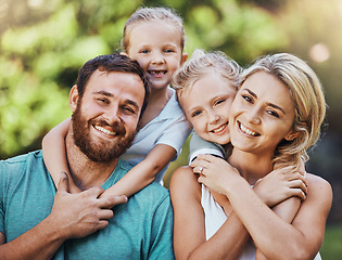 Image showing Family portrait, parents and kids bonding hug in garden or Canada nature park in trust, love or security, Smile, happy or excited children with man or woman for mothers day or fathers day celebration