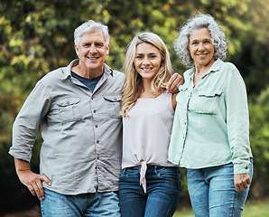 Image showing Portrait of mother, father and woman in park on hioliday in Australia together in summer. Happy, relax and love of parents for adult child on vacation in a green garden with family in nature