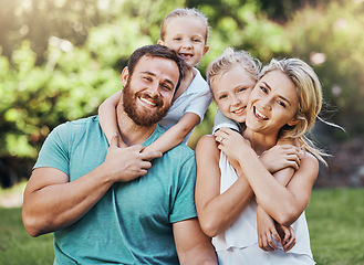 Image showing Family portrait, parents and children bonding in hug in house garden, nature park or environment in trust, security and love. Smile, happy and kids or girls in mothers day or fathers day celebration