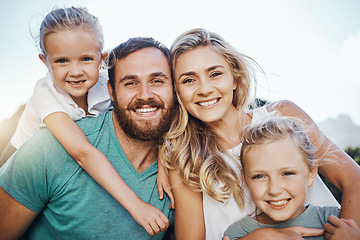 Image showing Happy family, travel and summer vacation with kids in Costa Rica, summer holiday or trip outdoor. Portrait Love, smile and girl, mom and dad together smile, laugh and spending time bonding and caring