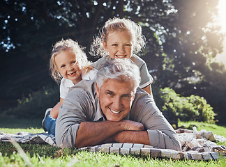 Image showing Grandfather, children and portrait of family in the park together with smile during summer in Australia. Girl kids and senior man playing, happy and having fun in a green garden in nature with care