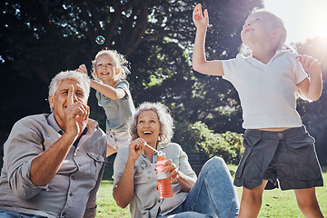 Image showing Grandparents, kids and play with bubbles in the park, nature or outdoors. Love, smile and happy girls having fun, bonding and spending quality time with grandma and grandpa on grass with soap toy.