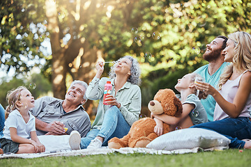 Image showing Happy big family, park picnic and love bonding, happiness and joy for reunion together smile in outdoor nature. Elderly Grandparents, mother and dad playing outside with excited girl children or kids