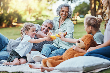Image showing Family, cheers with juice and a picnic in park on happy summer weekend with smile. Grandma, grandpa and mother with girl children relax, celebrate outdoor fun and quality time together in Australia.