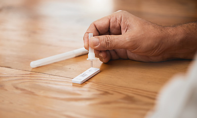 Image showing Hands, covid antigen test or dropper in home kit, house or living room for healthcare insurance or medical virus disease. Zoom, man or pcr covid 19 check for patient in isolation lockdown compliance