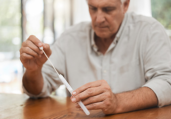 Image showing Mature man, covid pcr test or swab for mouth or nose in home kit, house or living room for healthcare insurance or medical virus disease. Zoom, hands or antigen covid 19 check for patient in lockdown