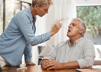 Image showing Couple, cotton swab and covid test in house or home for compliance lockdown, antigen analysis and insurance healthcare check. Woman, senior man and covid 19 pcr help for virus mouth medical testing