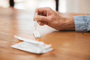 Image showing Hands, antigen test or rapid test dropper in home, house or living room table for covid, healthcare insurance or medical virus. Zoom, senior man or pcr covid 19 check for lockdown compliance patient