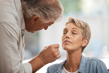 Image showing Covid, health and senior couple with pcr test in home for corona virus compliance, wellness or safety together with easy check. Care, love and support elderly people with covid 19 nose medical swab