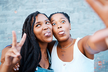 Image showing Selfie of black friends in city, happy funny face together and video call technology with 5g network in San Francisco. Cool african women have fun in summer and streaming online social media content