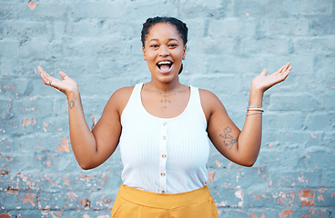 Image showing Happy black woman, wow surprise and excited hands gesture with shocked smile for discount deal in Chicago city. Raise arms celebration, young success portrait on urban wall background for marketing