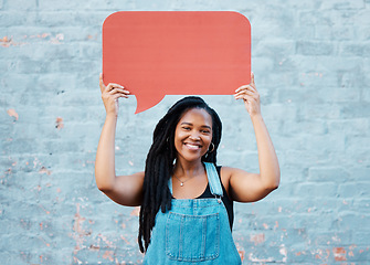 Image showing Black woman, feedback or speech bubble for idea, social media or review mock up copy space. Happy portrait of girl, vote or text graphic icon for opinion, communication or survey dialogue ballon.