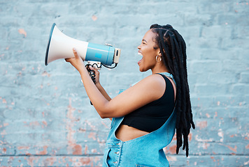 Image showing Megaphone voice, black woman and attention for speech, protest and loud communication. Freedom rally, noise and warning announcement fight for gender equality, politics and human rights revolution