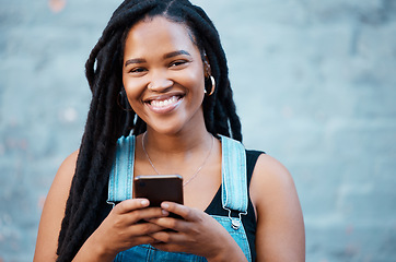 Image showing Black woman, portrait and city phone for social media typing, contact and communication on smartphone technology in urban Jamaica. Happy gen z hipster girl on mobile apps, 5g internet and web connect