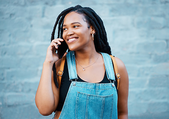 Image showing Happy black woman, phone call and smile in communication, talking and conversation in the outdoors. African female smiling, mobile smartphone discussion for wireless 5g connection in the Philippines