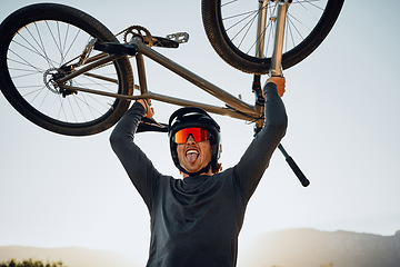 Image showing Mountain bike, sports man and winner celebrate success, fitness goal or winning outdoor competition blue sky mockup. Motorcycle person lift bicycle for achievement, motivation or target celebration
