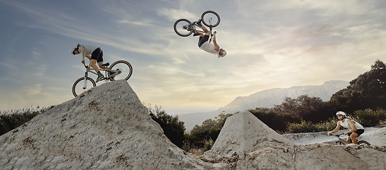 Image showing Bmx cyclist, fitness or stunt jump air performance on Australian track or nature park trail in cycling exercise or training. Extreme sports, danger risk or mountain bike man in energy freedom workout