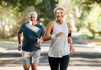 Image showing Retirement, couple and running fitness health for body and heart wellness with natural ageing. Married, mature and senior people enjoy nature run together for cardiovascular vitality workout.