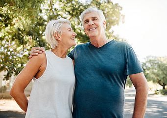 Image showing Senior couple smile after running for exercise, fitness and health in retirement together. Elderly runners rest after workout, doing low impact cardio run and sports training to stay healthy in life