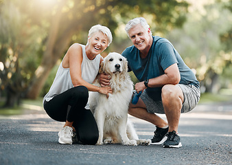 Image showing Happy senior couple, walking dog in nature park and smile bonding with their golden retriever together. Healthy living in retirement, being physically active by exercising and relaxing time with pet