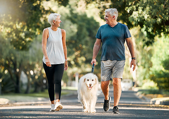 Image showing Retirement, fitness and walking with dog and couple in neighborhood park for relax, health and sports workout. Love, wellness and pet with old man and senior woman in outdoor morning walk together