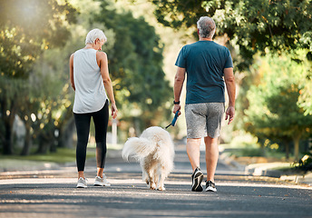 Image showing Senior couple, dog walk and nature park road during exercise, walking and leisure during a stroll through the woods. Old man and woman being active for energy and living healthy with a pet outside