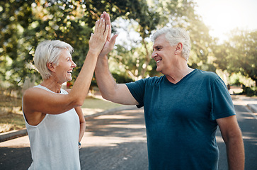 Image showing High five, success or senior couple fitness in running workout, exercise or training in nature park or Canada garden. Smile, happy or sports teamwork gesture for retirement man and woman health goals