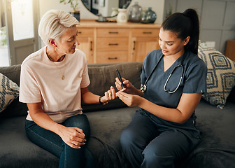 Image showing Diabetes, healthcare nurse and elderly woman finger doing blood test, sugar or medical test with a glucometer. Insurance doctor, health or diabetic senior lady consulting her glucose wellness at home