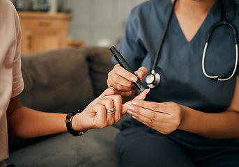 Image showing Diabetes, hands of nurse and blood sugar test on patient finger in home visit. Health, healthcare and medical professional test senior diabetic woman insulin levels in house checkup for wellness.