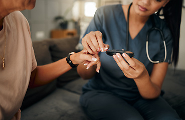 Image showing Diabetes, nurse and glucometer with patient in home checking blood sugar levels. Healthcare, health and medical professional with glucose meter to test insulin levels in house checkup for wellness.