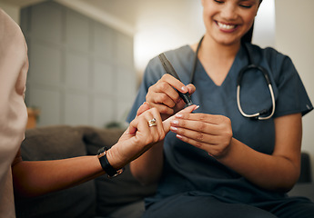 Image showing Zoom of doctor, diabetes or elderly woman hands with blood test, sugar or medical test with a glucometer. Healthcare, health nurse or diabetic lady consulting on glucose wellness in living room