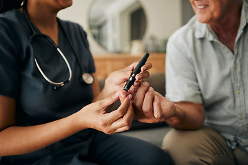Image showing Blood test, doctor consultation and senior man consulting with healthcare nurse about diabetes. Hands of elderly person and hospital worker doing check on sugar with insulin pen on the sofa of home