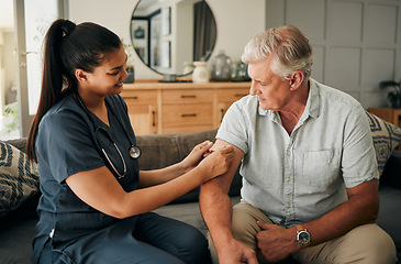 Image showing Covid vaccine, nurse and elderly man help, consulting and talk about health in living room at home. Healthcare, mature male and patient with doctor or medical professional in lounge on sofa does test