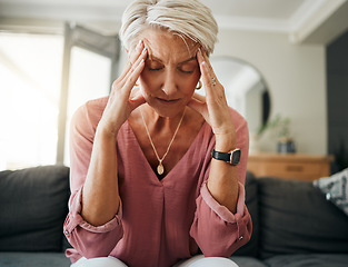 Image showing Senior woman with headache pain, stress and depression while feeling tired, burnout and anxious on sofa in home. Anxiety and sad female with mental health or frustrated while thinking of life problem