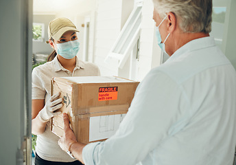 Image showing Online delivery worker, during covid pandemic does ecommerce box transport to door and with a mask on face. E commerce shopping industry, retail courier shipping service and safe package distribution