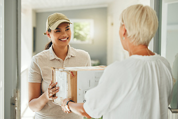 Image showing Delivery, customer and courier with box at door for shipping, ecommerce and online shopping cargo. Supply chain, logistics and supplier with employee and package service with old woman at home