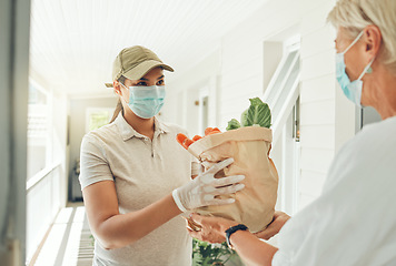 Image showing Delivery, covid and logistics with a woman courier giving grocery shopping to a customer in her home. Ecommerce, retail and service with a distribution employee fulfilling an order in the pandemic