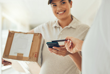 Image showing Box, credit card and payment for delivery from courier, logistics or shipping worker. Happy woman working with supply chain, stock or export service to a customer buying, pay or purchase package