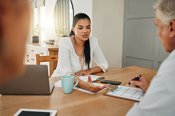 Image showing Insurance financial advisor woman, senior and contract sign debt application documents for home mortgage loan budget. Tax finance advice consultant girl consulting elderly couple on pension paperwork